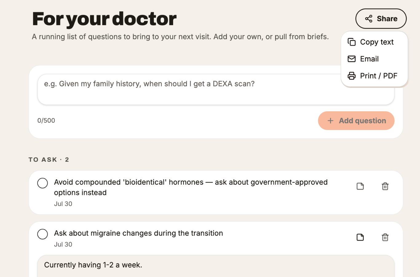 For your doctor page with saved questions and share options